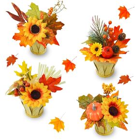 Uieke 4PACK Fall Fake Potted Plants Small Fake Plants Mini Artificial Faux Plants with Wooden Pots for Bathroom Shelf Harvest Wedding Thanksgiving Table Centerpiece Home Office Desk Plant Decor