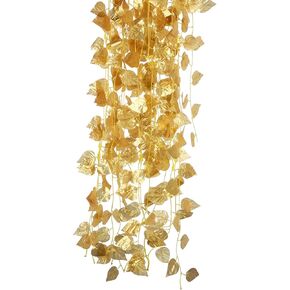 12PCS Golden Leaf Garland, 86IN Spring Summer Artificial Leaf Vine Wired Gold Leaf Grape Garland Artificial Ivy Silk Garland Fall Leaves Garland Ivy Gold Leaf Vine for(Golden Grape Leaf)