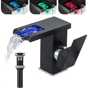 Waterfall Bathroom Faucet Black&Gold Led Light 3 Colors Changing Spout Single Handle Lavatory Vanity Sink Faucet One Hole Matching Pop Up Drain with Overflow Bath Basin Deck Mount Commercial
