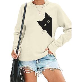 Cat Sweatshirts for Women Graphic Print Sweatshirt Funny Long Sleeve Shirt Cute Pullover Lightweight Hoodie Tops