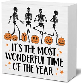 Halloween Wooden Box Sign Home Decor, It's the Most Wonderful Time of the Year Halloween Skeleton Pumpkin Wood Block Sign for Desk Shelf Decoration, 5.1 x 5.1 Inches