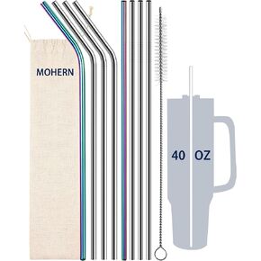 Standy Straw Replacement 40 oz 30 oz, 6 Pcs Metal Straws Reusable, Reusable Straws Dishwasher Safe with Straw Cleaner(Silver 12 inches)