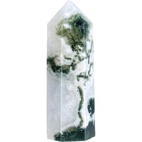 TUMBEELLUWA Natural Crystal Moss Agate Wand for Reiki Healing Therapy Meditation, Hexagonal Point Tower for Home Office Decor, 2.36-3.15 Inch