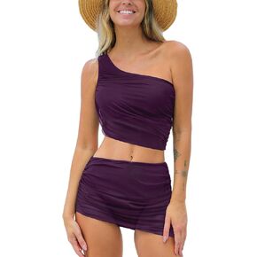 CUPSHE Women's Bikini Sets Two Piece Bathing Suit One Shoulder Ruched Mesh Mid Rise Skirt Bottom Asymmetrical