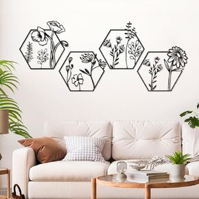 4 Pieces Black Metal Flowers Wall Art Decor Minimalist Floral Wall Hanging Decor Flower Metal Wall Art Wall Sculptures Hanging Wall Decor for Indoor Kitchen Bathroom Bedroom Living Room (Black)
