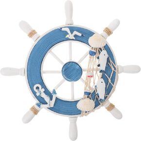 23CM Nautical Steering Wheel Vintage Wooden Rudder Boat Wheel Fishing Net Wall Sculpture Ornament for Beach Theme Home Decor