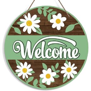 Welcome Spring Sign for Front Door, Greenery Floral Welcome Door Sign Decoration, Hello Spring Round Decorative Wall Sign, Rustic Wooden Hanging Sign for Farmhouse Home Porch Living Room -05
