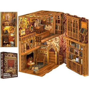 Cutefun DIY Book Nook Kit هدية عيد ميلاد للبالغين والمراهقين والأسرة، DIY Miniature House Booknook Kit رف الكتب الديكور 3D الألغاز الخشبية للبالغين، نموذج منزلي صغير مع ضوء LED (متجر الكتب الأبدية)