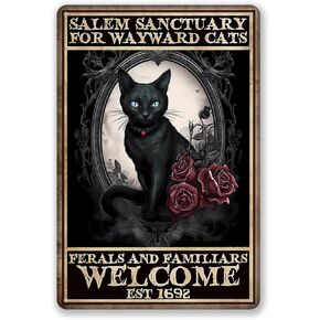 Black Cat Gothic Decor, Salem Sanctuary For Wayward Cats Vintage Metal Sign Home Wall Decor 8 x 12 Inch