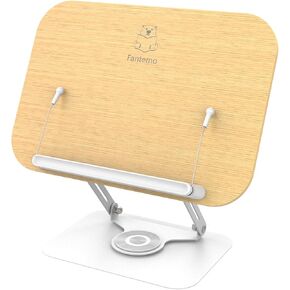 Book Stand for Reading, Adjustable Book Reading Stand with 360° Rotating Base & Page Clips, Foldable Cookbook Stand Recipe Book Holder with Elastic Page Clips for Music Scores, Tablet (Brown)