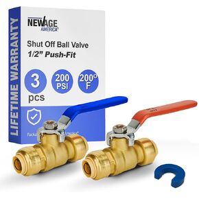 New Age America® 3pcs Push-Fit Ball Valve AquaFlow 360™ | 1/2" Ball Valve Shut Off | 1pc Hot (Red) & 1pc Cold (Blue) w Removal Tool | Full Port Shut Off | 1/4" Turn | Push-To-Connect | NSF/ANSI & UPC