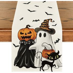 Artoid Mode Ghost Spooky Jack-O'-Lantern Pumpkin Halloween Table Runner, Black Cat Kitchen Dining Table Decoration for Home Party Decor 13x72 Inch