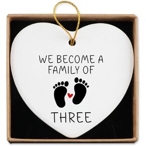 New Mom Dad Gifts Ceramic Ornament Keepsake Sign Heart Plaque in 2025 We Become a Family of Three Pregnancy Announcement Gifts for New Parents Baby Reveal Ideas Christmas Ornament