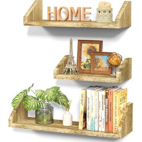 SRIWATANA Floating Shelves Wall Mounted Set of 3, Solid Wood Wall Shelf Display Ledge Storage Shelves for Living Room Kitchen Bathroom, Carbonized Black