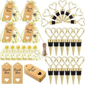 24 Set Heart Shaped Wine Beverage Bottle Stopper Party Favors Bulk Love Design for Guests with Sheer Bags, Labels and Rope for Valentines Gifts Wedding Engagement Bridal Shower Supplies, Gold