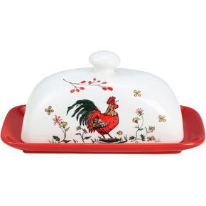 Sizikato Classic Porcelain Butter Dish with Lid, Beautiful Rooster Pattern
