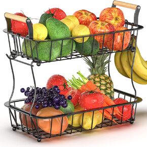 2 Tier Fruit Basket for Kitchen Counter with 2 Banana Hangers, Fruit Bowl for Kitchen Counter, Large Fruit Basket Stand, Fruit and Vegetable Storage Fruit Holder for Produce Snack Onion Bread