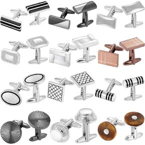 12 Pairs Cufflinks for Men Set, Classic Silver Black Striped Square Rectangle Cuff Links Mens for Shirt Suit, Groomsmen Business Elegant Gift.