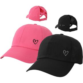 Women's Cross Ponytail Cap with Breathable Mesh, Quick Dry, Ponytail Hole, 2 Pack, Pink and Black. Embroidered Heart Insert., Pink/Black