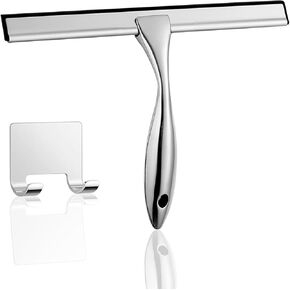 All-Purpose Handheld Squeegee for Shower Door, Stainless Steel Shower Door Squeegee with Hook, Glass Water Wiper for Mirrors Window Tile Wall Car, Bathroom Water Removal Tool (10-inches)