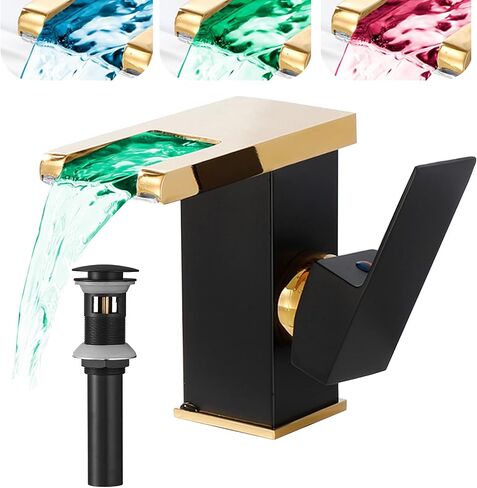 Waterfall Bathroom Faucet Black&Gold Led Light 3 Colors Changing Spout Single Handle Lavatory Vanity Sink Faucet One Hole Matching Pop Up Drain with Overflow Bath Basin Deck Mount Commercial in Saudi Arabia