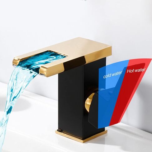 Waterfall Bathroom Faucet Black&Gold Led Light 3 Colors Changing Spout Single Handle Lavatory Vanity Sink Faucet One Hole Matching Pop Up Drain with Overflow Bath Basin Deck Mount Commercial in Saudi Arabia