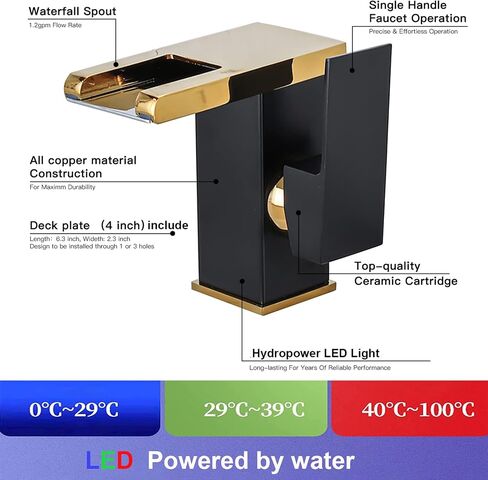 Waterfall Bathroom Faucet Black&Gold Led Light 3 Colors Changing Spout Single Handle Lavatory Vanity Sink Faucet One Hole Matching Pop Up Drain with Overflow Bath Basin Deck Mount Commercial in Saudi Arabia
