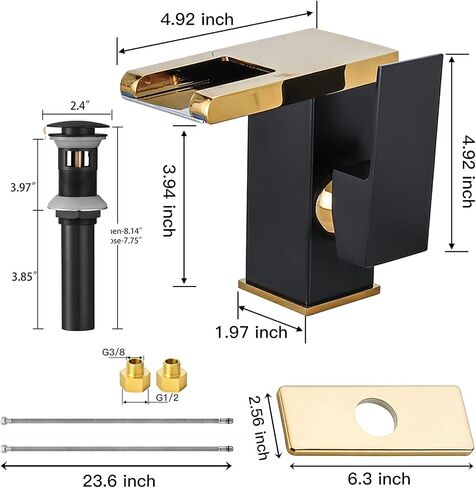 Waterfall Bathroom Faucet Black&Gold Led Light 3 Colors Changing Spout Single Handle Lavatory Vanity Sink Faucet One Hole Matching Pop Up Drain with Overflow Bath Basin Deck Mount Commercial in Saudi Arabia