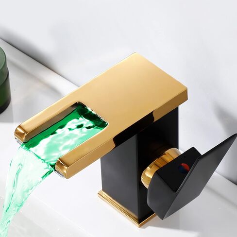 Waterfall Bathroom Faucet Black&Gold Led Light 3 Colors Changing Spout Single Handle Lavatory Vanity Sink Faucet One Hole Matching Pop Up Drain with Overflow Bath Basin Deck Mount Commercial in Saudi Arabia