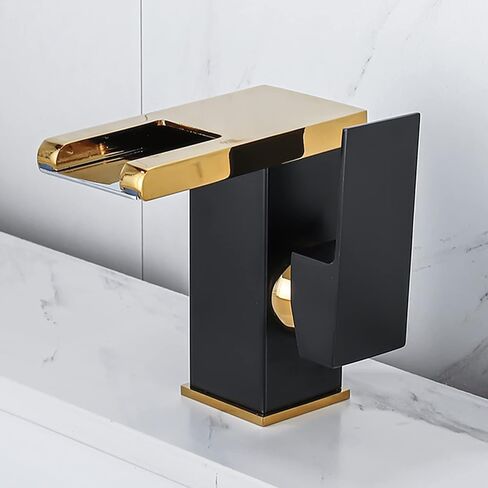 Waterfall Bathroom Faucet Black&Gold Led Light 3 Colors Changing Spout Single Handle Lavatory Vanity Sink Faucet One Hole Matching Pop Up Drain with Overflow Bath Basin Deck Mount Commercial in Saudi Arabia