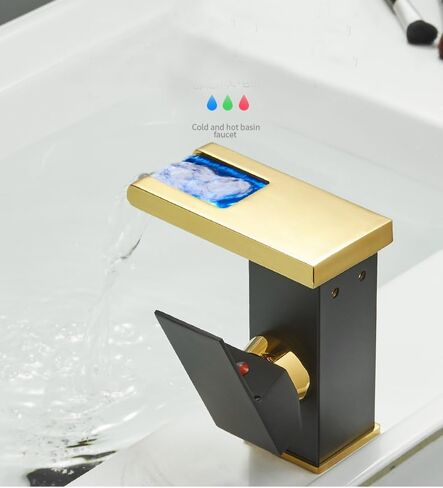 Waterfall Bathroom Faucet Black&Gold Led Light 3 Colors Changing Spout Single Handle Lavatory Vanity Sink Faucet One Hole Matching Pop Up Drain with Overflow Bath Basin Deck Mount Commercial in Saudi Arabia