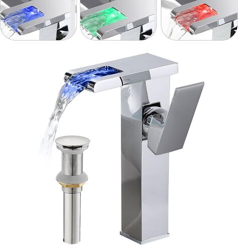 Waterfall Bathroom Faucet Black&Gold Led Light 3 Colors Changing Spout Single Handle Lavatory Vanity Sink Faucet One Hole Matching Pop Up Drain with Overflow Bath Basin Deck Mount Commercial in Saudi Arabia