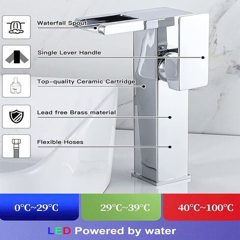 Waterfall Bathroom Faucet Black&Gold Led Light 3 Colors Changing Spout Single Handle Lavatory Vanity Sink Faucet One Hole Matching Pop Up Drain with Overflow Bath Basin Deck Mount Commercial in Saudi Arabia