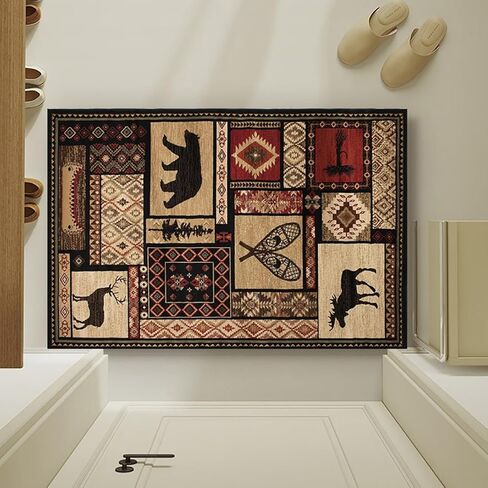 Rustic Cabin Bear Deer Rugs Floor Mat for Home Office Decor Patchwork Wildlife Plants Print Carpet Doormat,2'x3' in Saudi Arabia