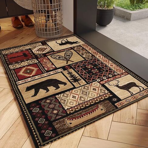Rustic Cabin Bear Deer Rugs Floor Mat for Home Office Decor Patchwork Wildlife Plants Print Carpet Doormat,2'x3' in Saudi Arabia