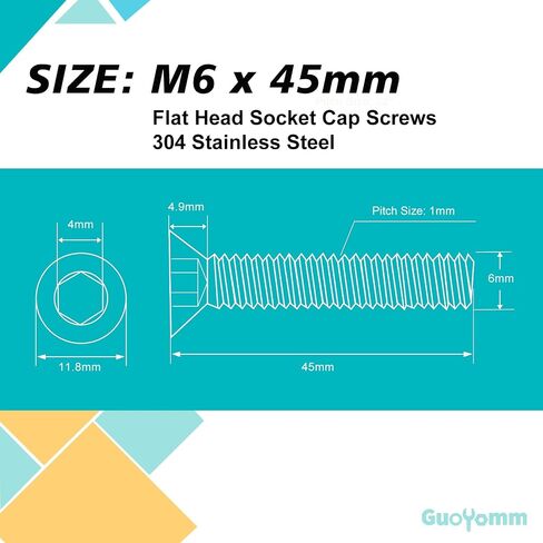 M6 x 45mm Flat Head Hex Socket Cap Screws Countersunk Bolts, Stainless Steel 304, Metric Allen Hex Drive, Fully Threaded, Bright Finish, 20 PCS in Saudi Arabia