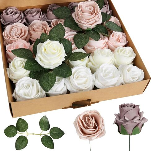 Burgundy Rose Artificial Flowers 25pcs High-Centered Real Looking Foam Fake Roses with Stems for DIY Wedding Bouquets Baby Shower Centerpieces Arrangements Party Tables Home (Burgundy) in Saudi Arabia
