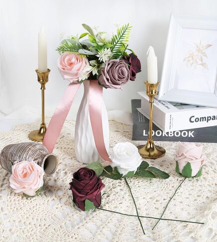 Burgundy Rose Artificial Flowers 25pcs High-Centered Real Looking Foam Fake Roses with Stems for DIY Wedding Bouquets Baby Shower Centerpieces Arrangements Party Tables Home (Burgundy) in Saudi Arabia