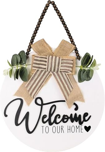 Welcome Wreaths for Front Door,12" Round Wood Welcome Hanging Sign, All Seasons Front Porch Decor House Warming Gift for Hallow Christmas Farmhuose Home Outdoor Indoor (White) in Saudi Arabia