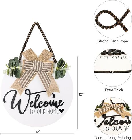 Welcome Wreaths for Front Door,12" Round Wood Welcome Hanging Sign, All Seasons Front Porch Decor House Warming Gift for Hallow Christmas Farmhuose Home Outdoor Indoor (White) in Saudi Arabia