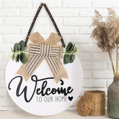 Welcome Wreaths for Front Door,12" Round Wood Welcome Hanging Sign, All Seasons Front Porch Decor House Warming Gift for Hallow Christmas Farmhuose Home Outdoor Indoor (White) in Saudi Arabia
