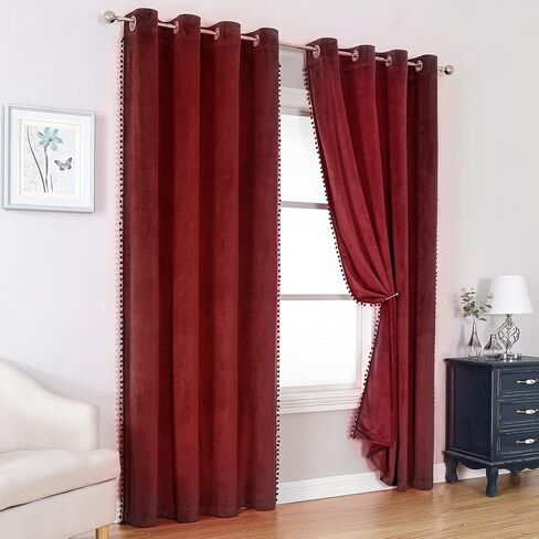 ستائر MISS SELECTEX سوداء بوم بوم مخملية بطول 63 بوصة، ستارة تعتيم مزخرفة بشراشيب، ستارة تعتيم الغرفة، ستائر نافذة فاخرة ناعمة، لوحات ستائر نافذة بحلقات معدنية لغرفة النوم وغرفة المعيشة، 52 عرضًا × 63 طولًا in Kuwait