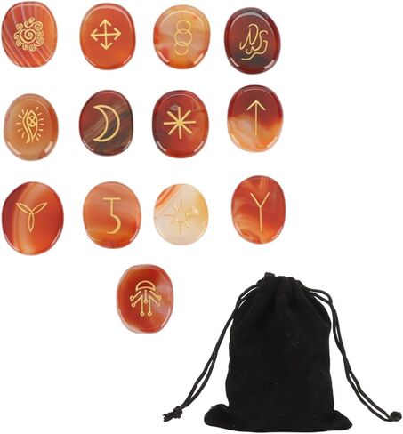 BORDSTRACT Sardonyx Witches Runes, Set of 13 Carnelian Crystal Stone with Engraved Gypsy Symbol, Mind Soothing Stones Set, Healing Crystal Stone for Meditation and Divination in Saudi Arabia