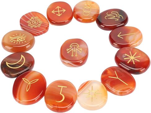 BORDSTRACT Sardonyx Witches Runes, Set of 13 Carnelian Crystal Stone with Engraved Gypsy Symbol, Mind Soothing Stones Set, Healing Crystal Stone for Meditation and Divination in Saudi Arabia
