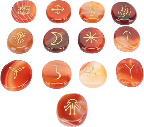BORDSTRACT Sardonyx Witches Runes, Set of 13 Carnelian Crystal Stone with Engraved Gypsy Symbol, Mind Soothing Stones Set, Healing Crystal Stone for Meditation and Divination in Saudi Arabia
