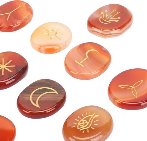 BORDSTRACT Sardonyx Witches Runes, Set of 13 Carnelian Crystal Stone with Engraved Gypsy Symbol, Mind Soothing Stones Set, Healing Crystal Stone for Meditation and Divination in Saudi Arabia