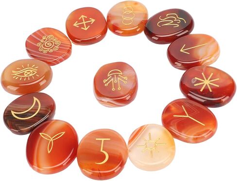 BORDSTRACT Sardonyx Witches Runes, Set of 13 Carnelian Crystal Stone with Engraved Gypsy Symbol, Mind Soothing Stones Set, Healing Crystal Stone for Meditation and Divination in Saudi Arabia