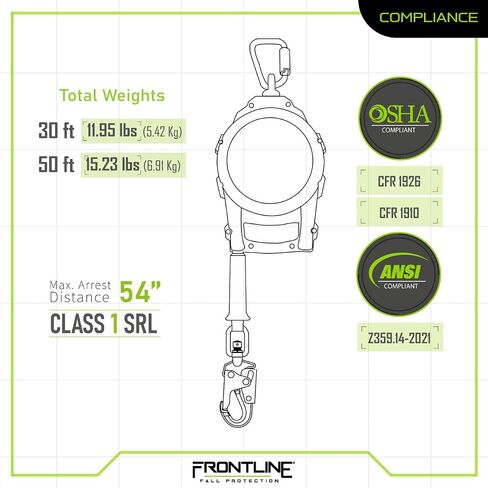 Frontline RPGC50 Cable Single Leg 50ft SRL with Steel Snap Hook End with Carry on Handle and Tagline |OSHA & ANSI Compliant SRL |Galvanized Steel Retractable Lifeline/Safety Yoyo Black in Saudi Arabia