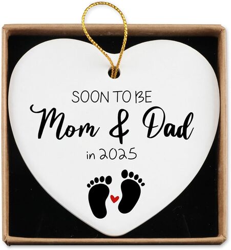 New Mom Dad Gifts Ceramic Ornament Keepsake Sign Heart Plaque in 2025 We Become a Family of Three Pregnancy Announcement Gifts for New Parents Baby Reveal Ideas Christmas Ornament in Saudi Arabia