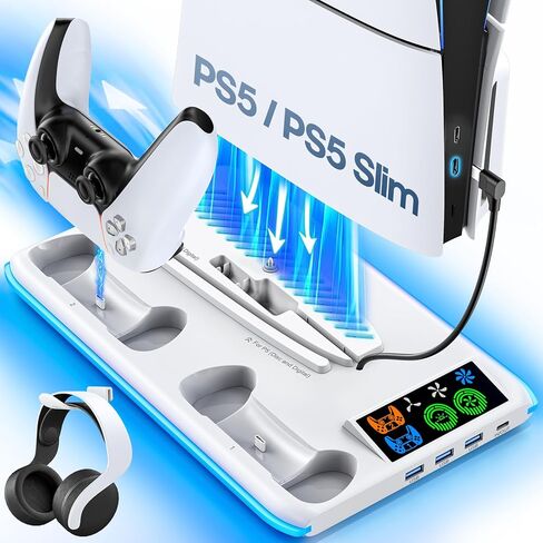 محطة تبريد PS5 Slim / PS5 مع مروحة تبريد ثلاثية المستويات، حامل PS5 /PS5 نحيف مع شاحن وحدة تحكم لجميع وحدات تحكم Playstation 5، ملحقات PS5/ PS5 Slim، مبرد PS5 مع محطة شحن RGB in Kuwait